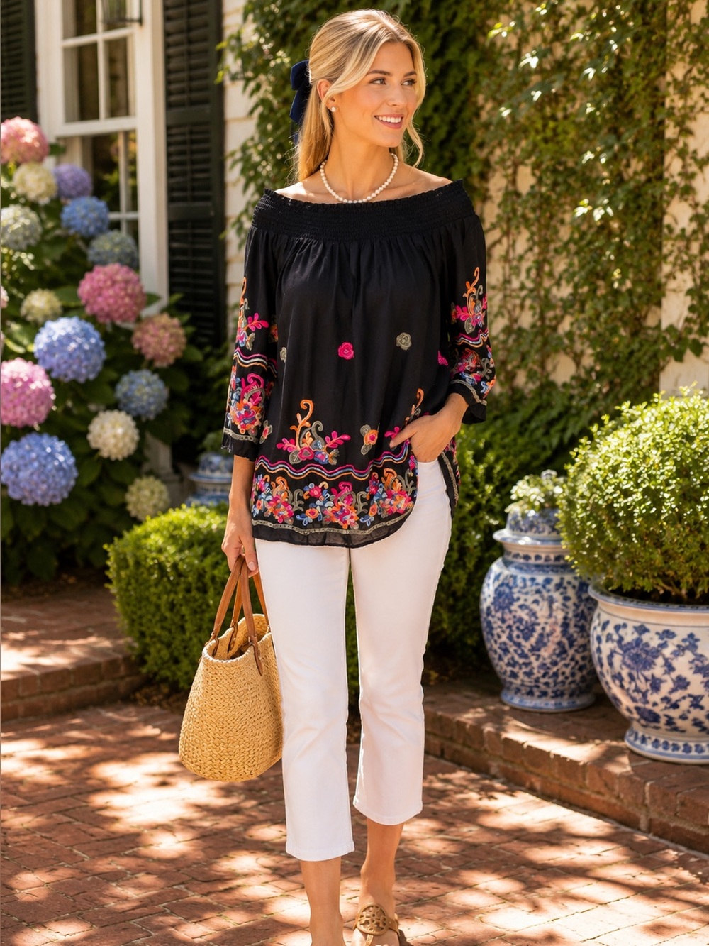 STUDIO WORKS Black On/Off the Shoulder Embroidered Multicolor Black Top, XL